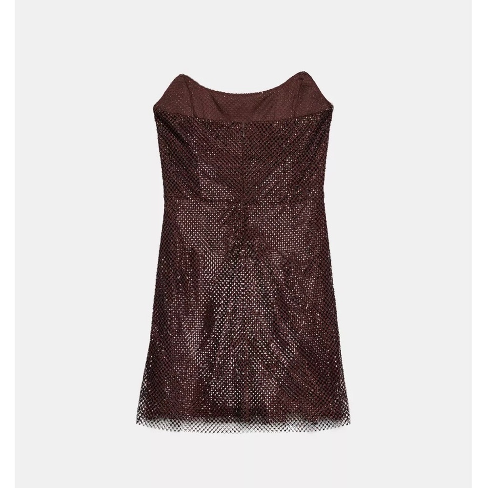 Zara Burgundy Sequin Mesh Strapless Mini Dress - Picture 7 of 8
